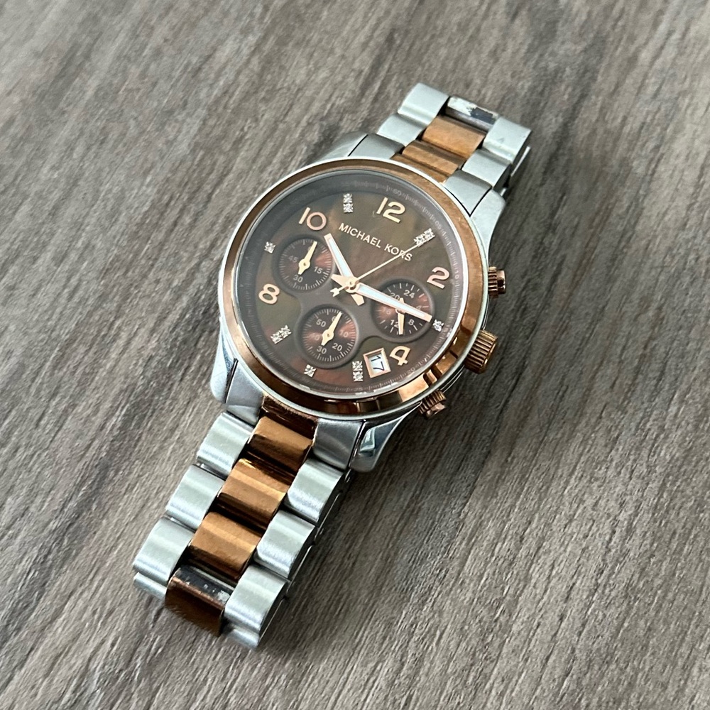 Michael Kors Runway Two Tone MK5495 Stainless Steel Watch Brown Rose Gold